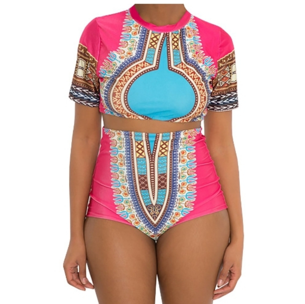 Vibrant Dashiki Style Coral Two-Piece Swimsuit Set. XL.
